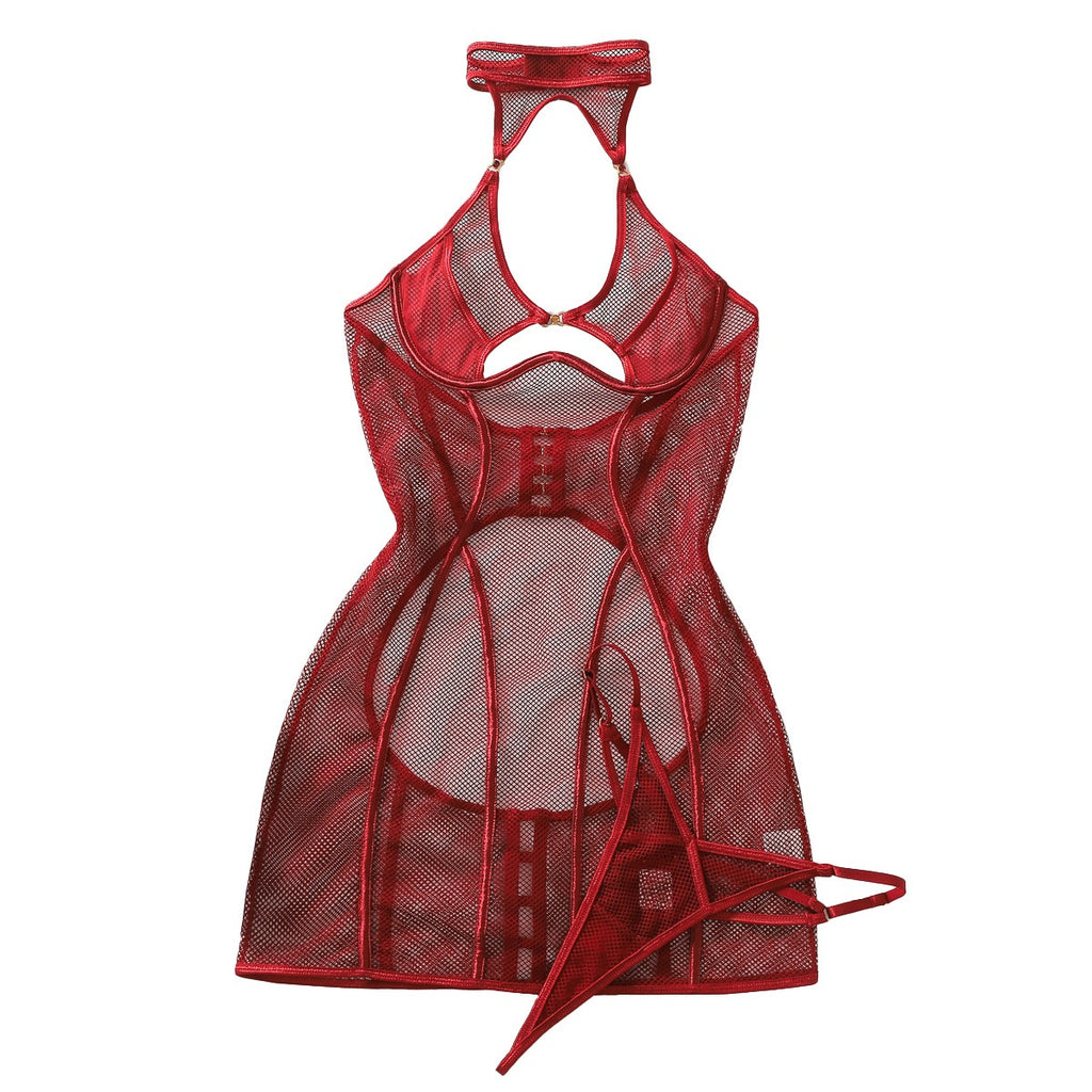 Sheer Fishnet Halter-Neck Body-Sculpting Sexy Cut-Out Bodysuit