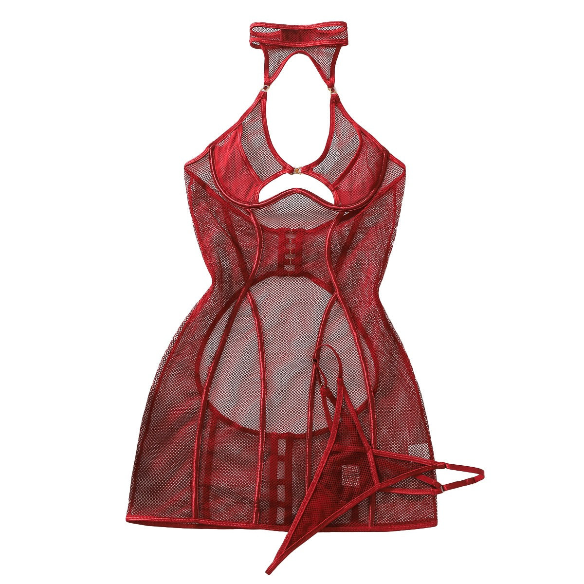 Sheer Fishnet Halter-Neck Body-Sculpting Sexy Cut-Out Bodysuit