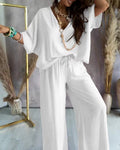 Womens V-Neck Bat Sleeve Wide Leg Pants Set