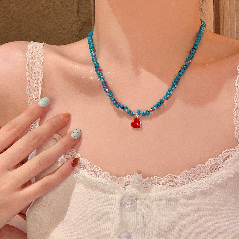Dopamine Colored Stone Beaded Necklace with Enamel Heart Pendant