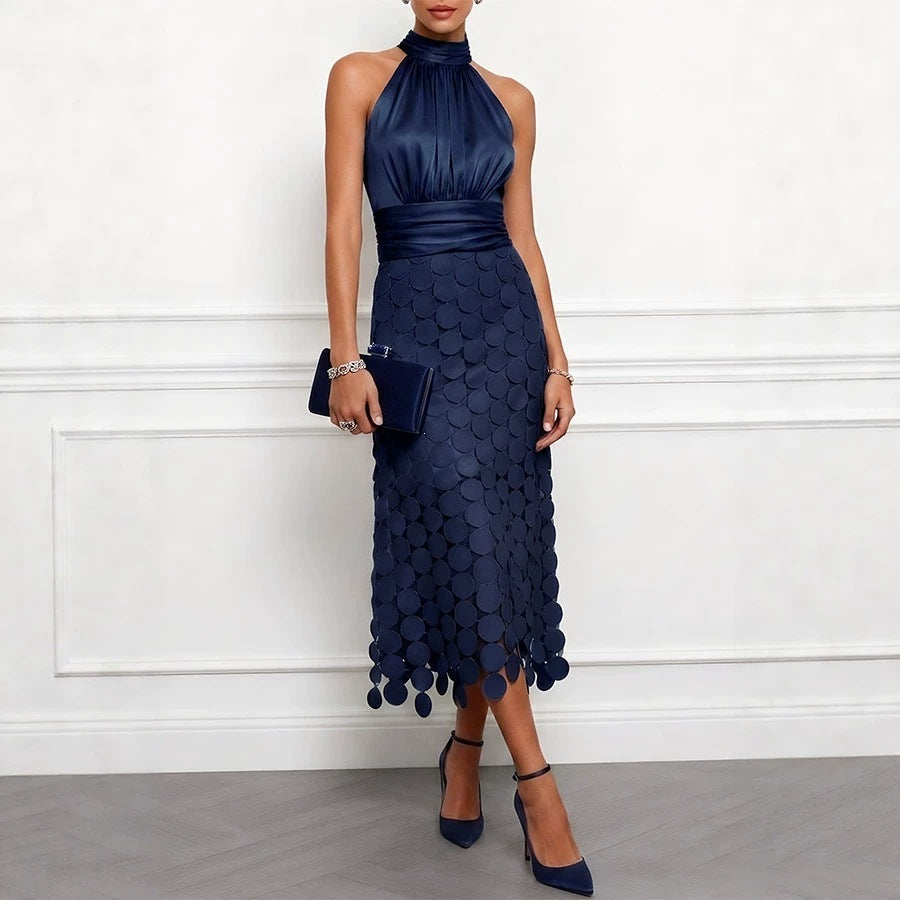 Women's Sleeveless High-Waisted Patchwork Polyester Mid-Length Dress