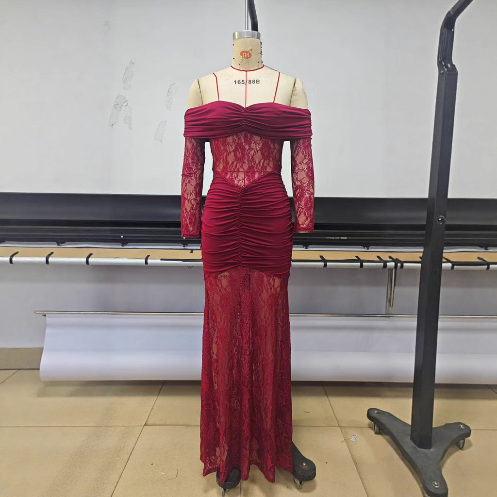 Hollow Lace One-Shoulder Bodycon Evening Dress