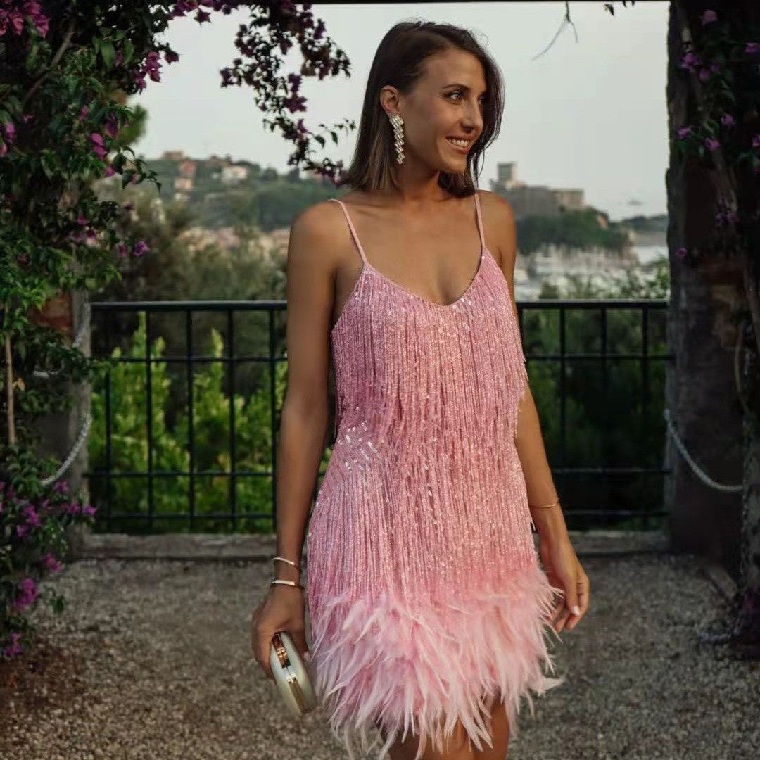 Feather Sequin Patchwork Dress with Fringe Elegant Party Style