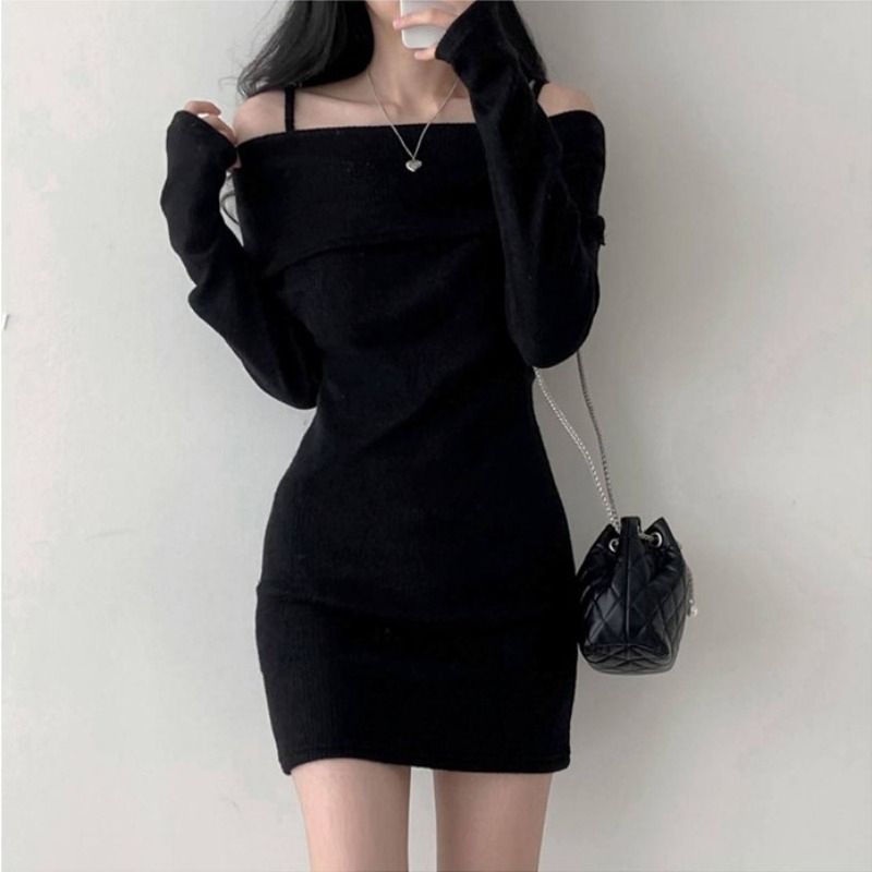 Women's Off-Shoulder Ribbed Knit Hip-Hugging Short Dress