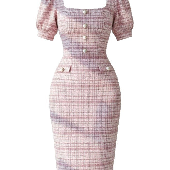 Pink Square Neck Puff Sleeve Bodycon Dress