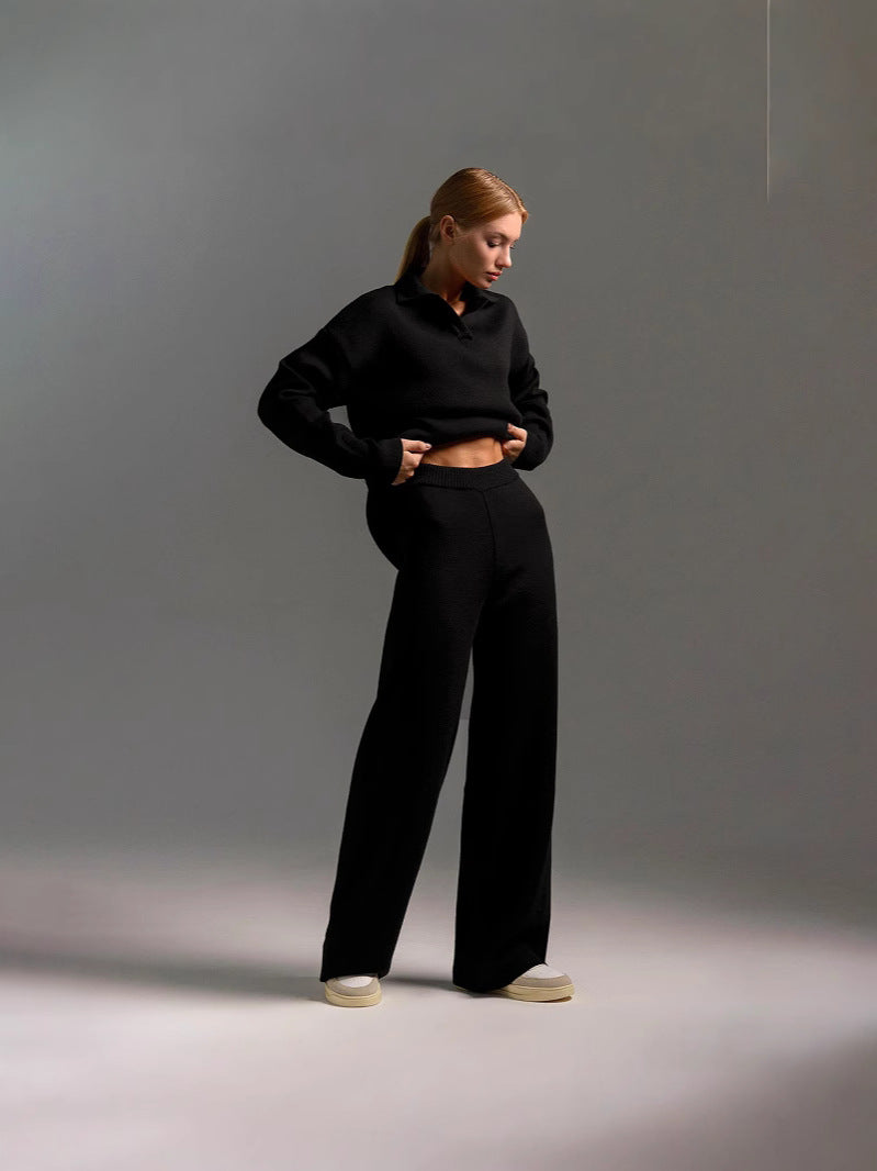 Women's Two-Piece Knit Set Polo Collar Pullover and Wide-Leg Pants