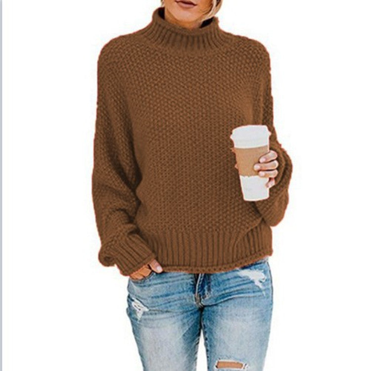 Womens Turtleneck Sweater Loose Fit Solid Color Oversized Knit Pullover