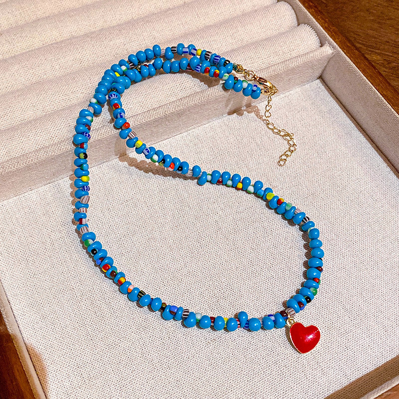 Dopamine Colored Stone Beaded Necklace with Enamel Heart Pendant