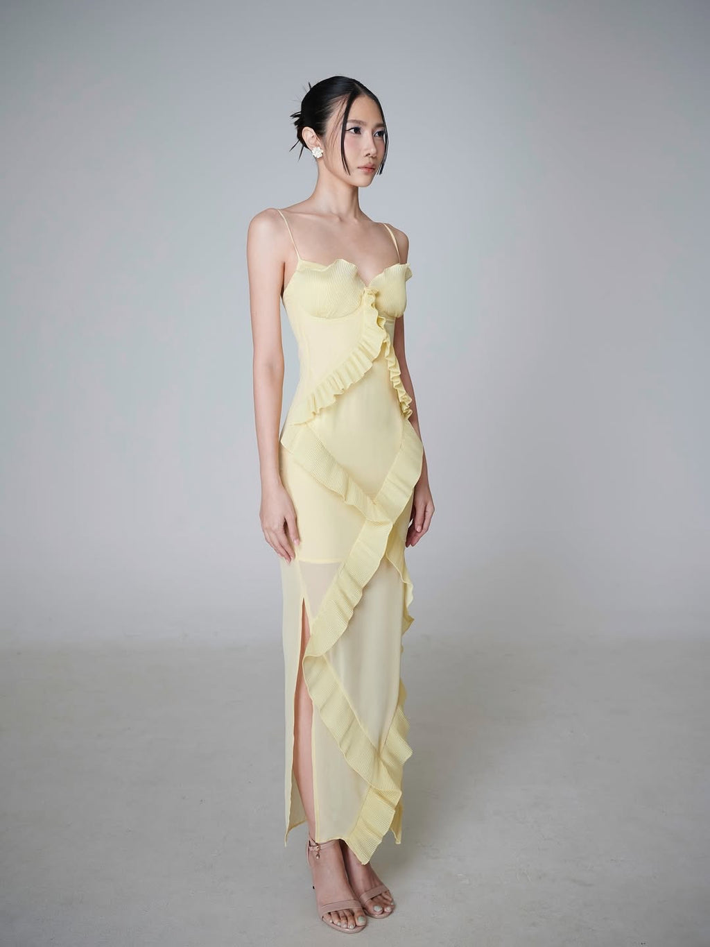 Yellow Spaghetti Strap Dress Slim Fit Irregular Long Dress