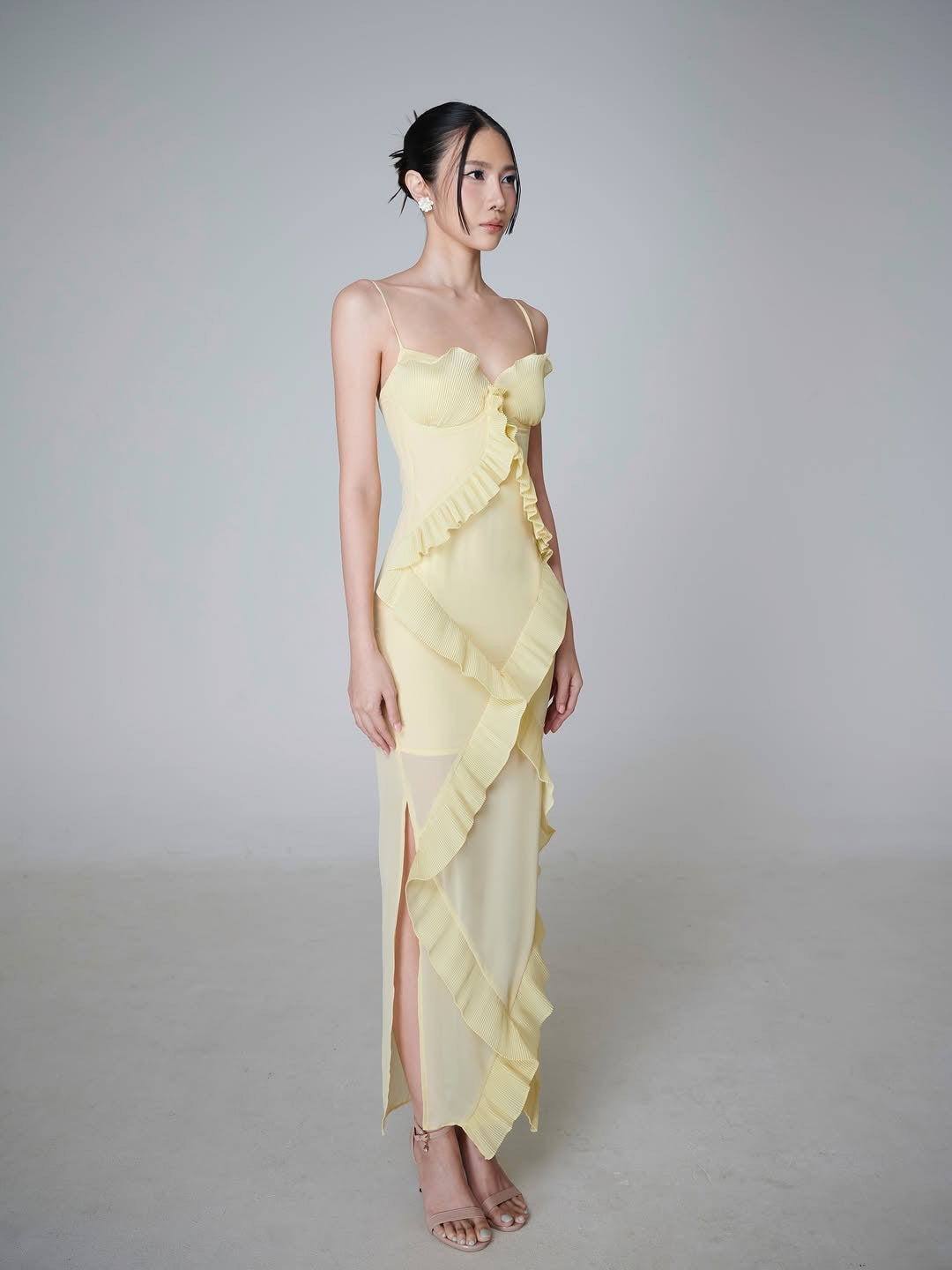 Yellow Spaghetti Strap Dress Slim Fit Irregular Long Dress