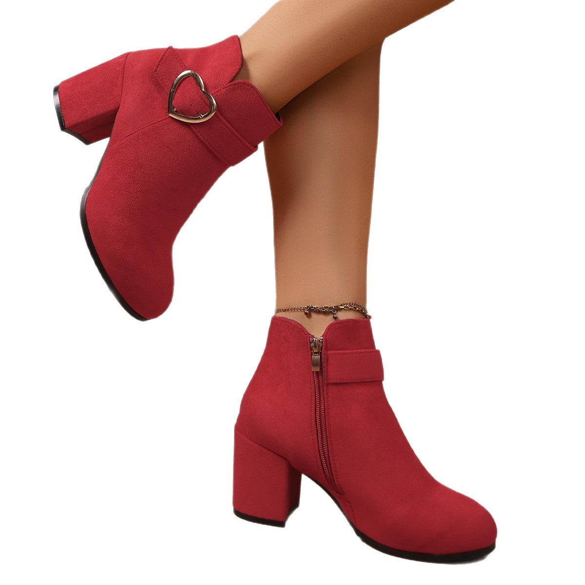 Women's Heart Metal Buckle Suede Mid-Heel Short Boots with Side Zipper