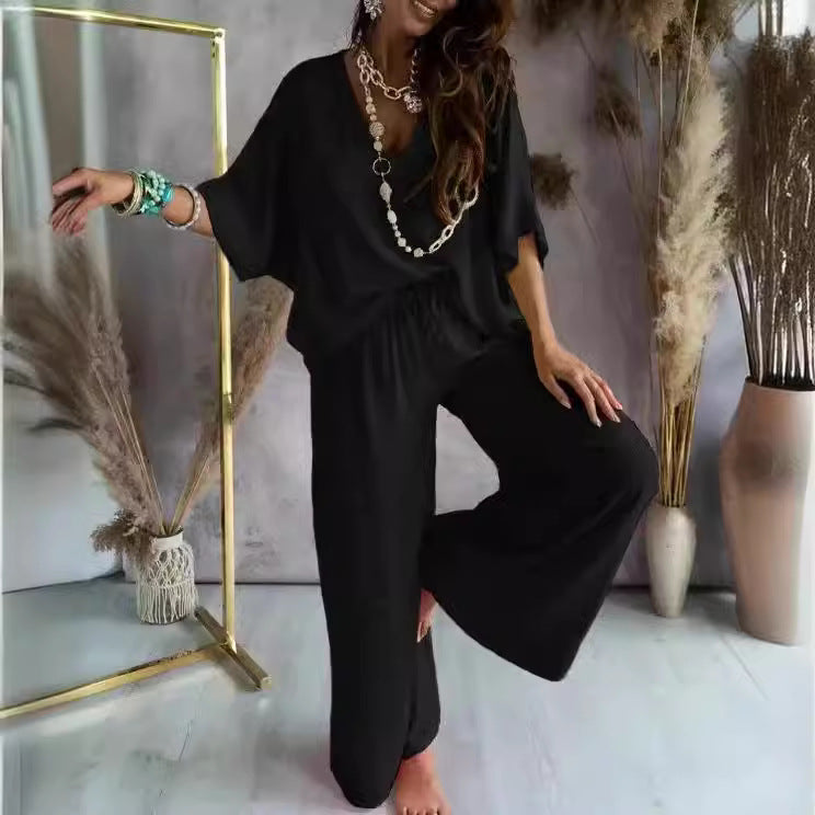 Womens V-Neck Bat Sleeve Wide Leg Pants Set