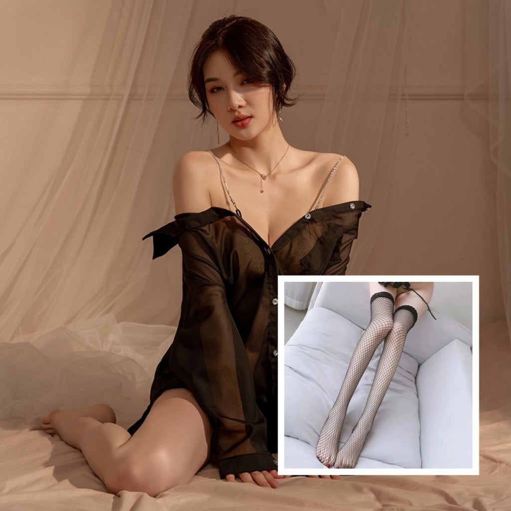 Women's See-Through Shirt Style Suspender Lingerie Dress with T Pants