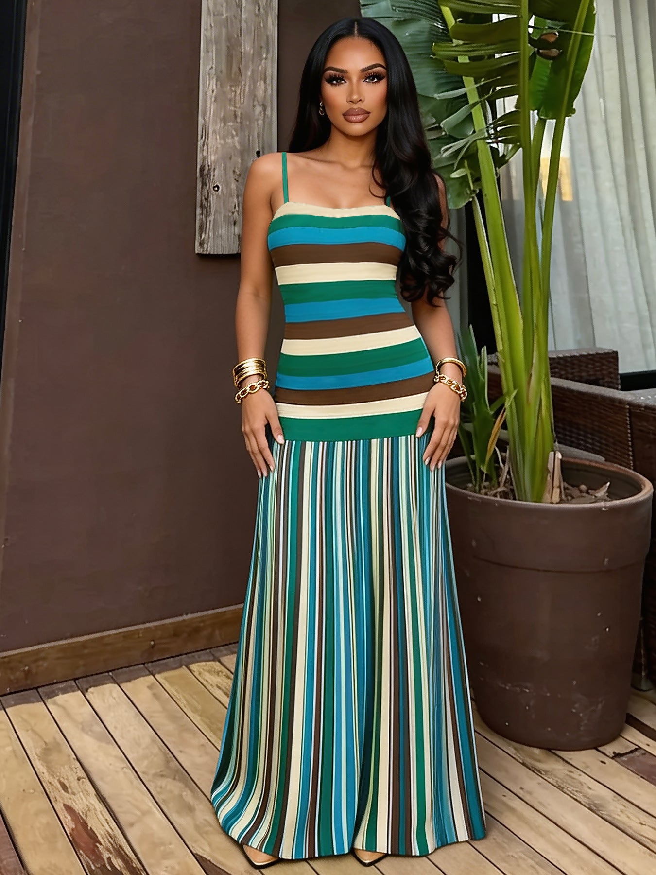 Womens Sling Backless Striped Dress