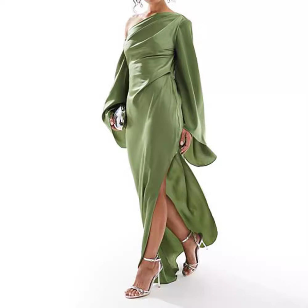 Women's Satin Women's Maxi Dress ? Green Asymmetrical Hem Satin Maxi Dress