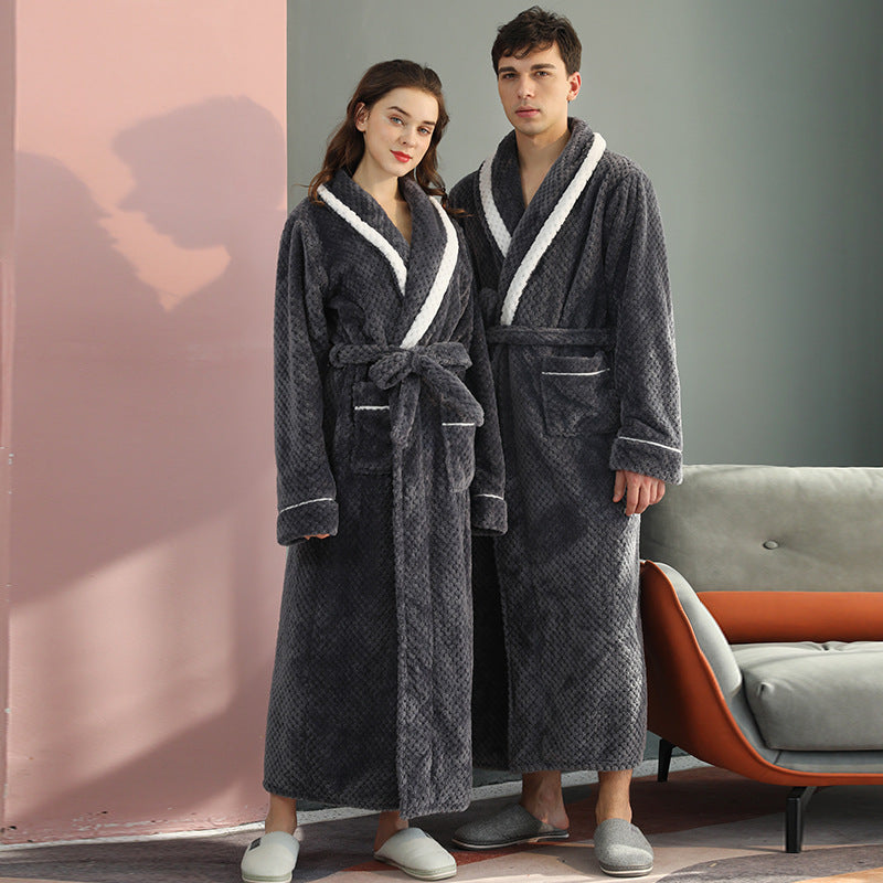 Long Thick Flannel Couple Bathrobe with Lapel Collar