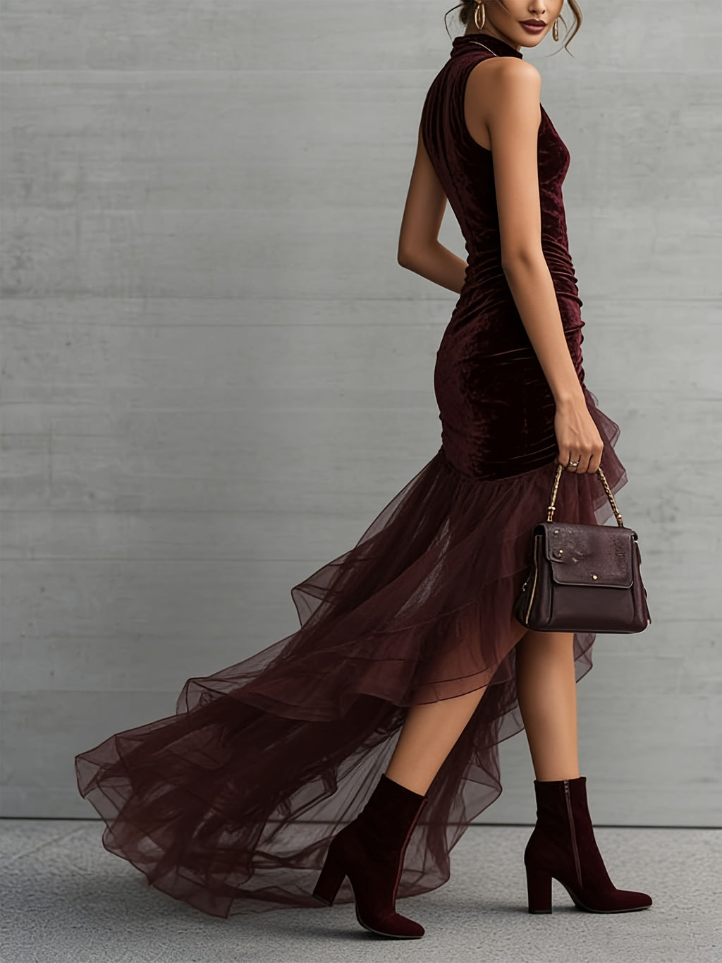Women's Velvet High-Neck Sleeveless Evening Dress with Pleated Tulle Train