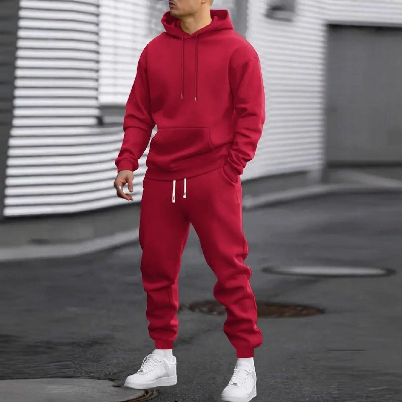 Mens Solid Color Hooded Sweatshirt and Pants Set