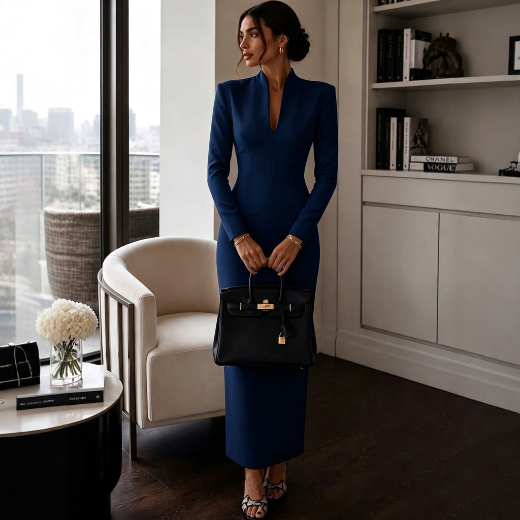 Women's Elegant Stand Collar V-Neck Long Sleeve Bodycon Dress