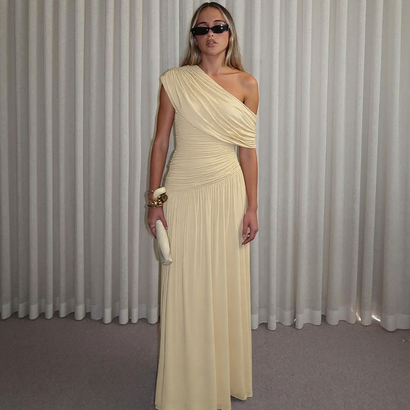 Womens Asymmetrical Neckline Pleated Dress