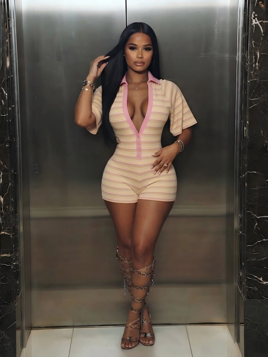 Womens Ribbed V-Neck Bodysuit Shorts