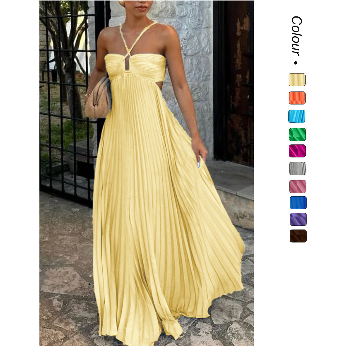 Solid Color Pleated Sleeveless Strap Dress