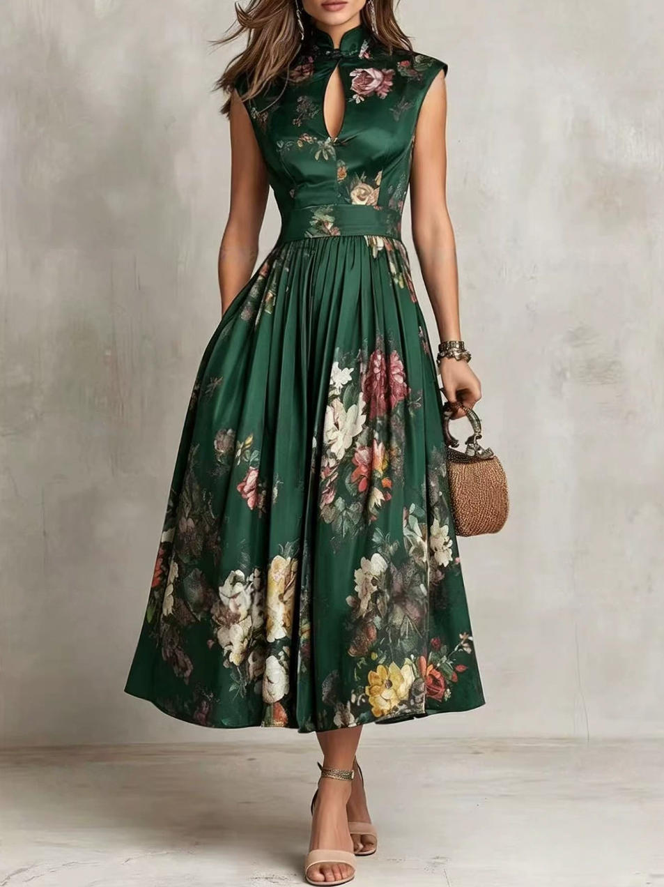 Women Sleeveless Floral Print Slim Fit Long Dress