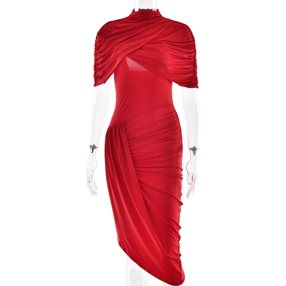Pleated Backless Dress with Shawl