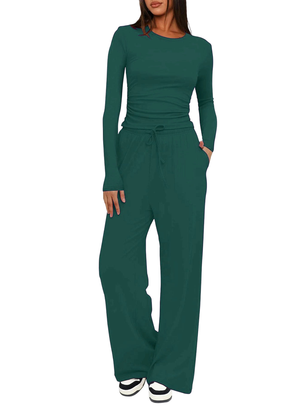 Solid Color Long Sleeve Top and High Waisted Wide Leg Pants Sportswear Set