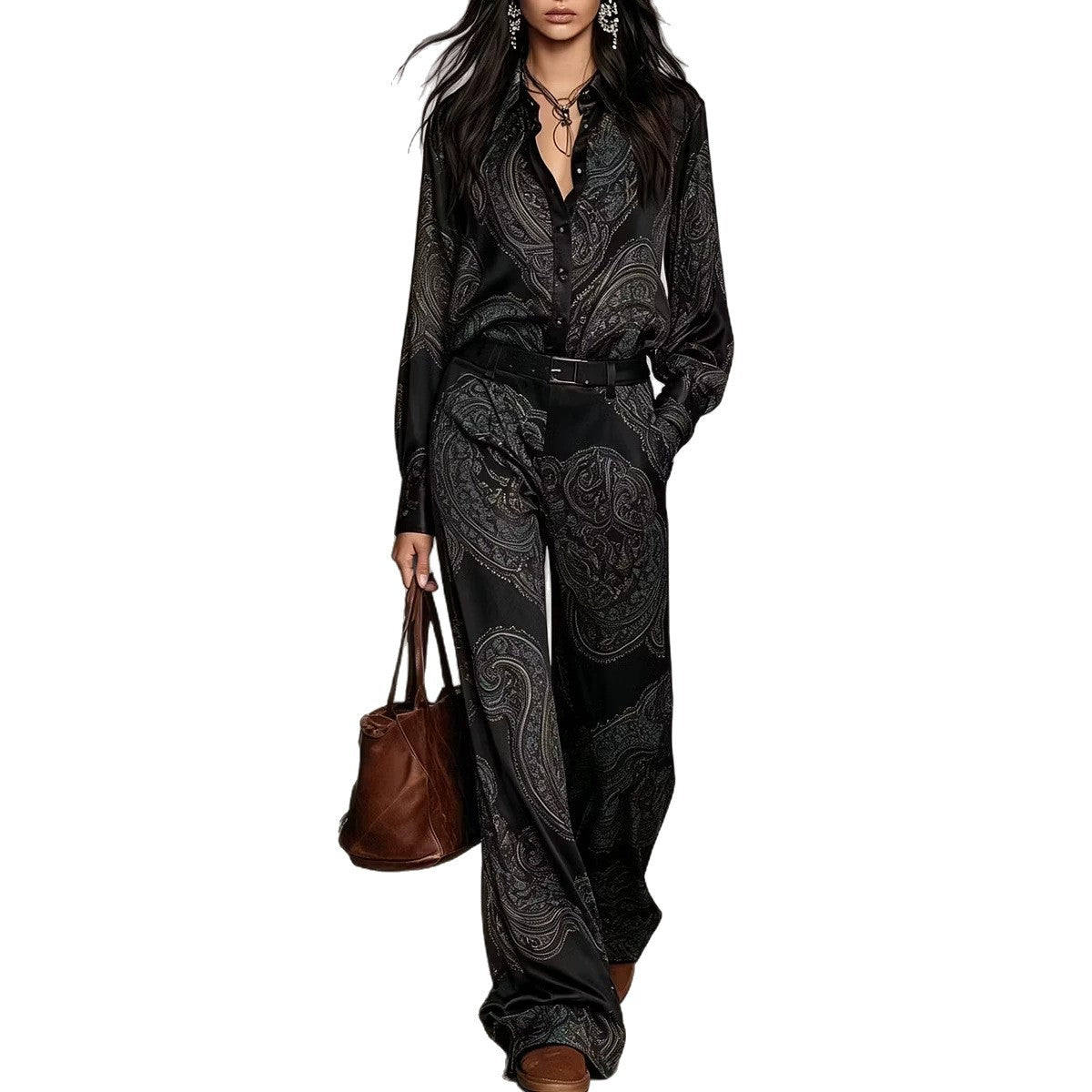 Long-Sleeve Shirt and Wide-Leg Pants Set