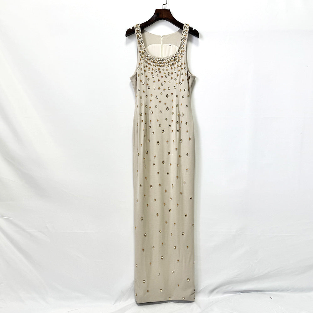 Women?s Hand-Stitched Rhinestone Beaded Sleeveless Long Dress Gown