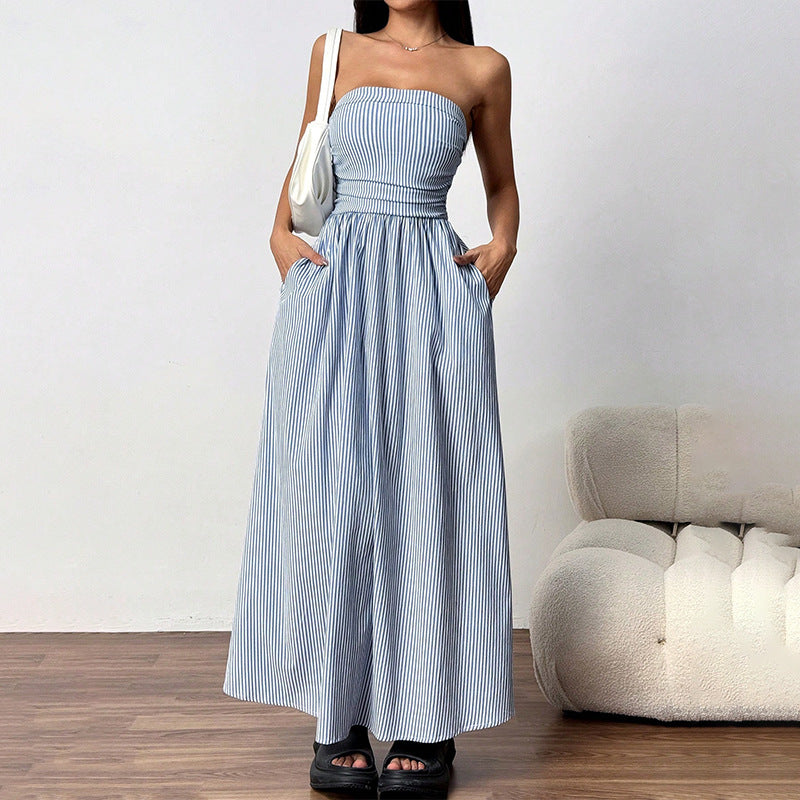 Tube Top Flap Pocket A-Line Dress