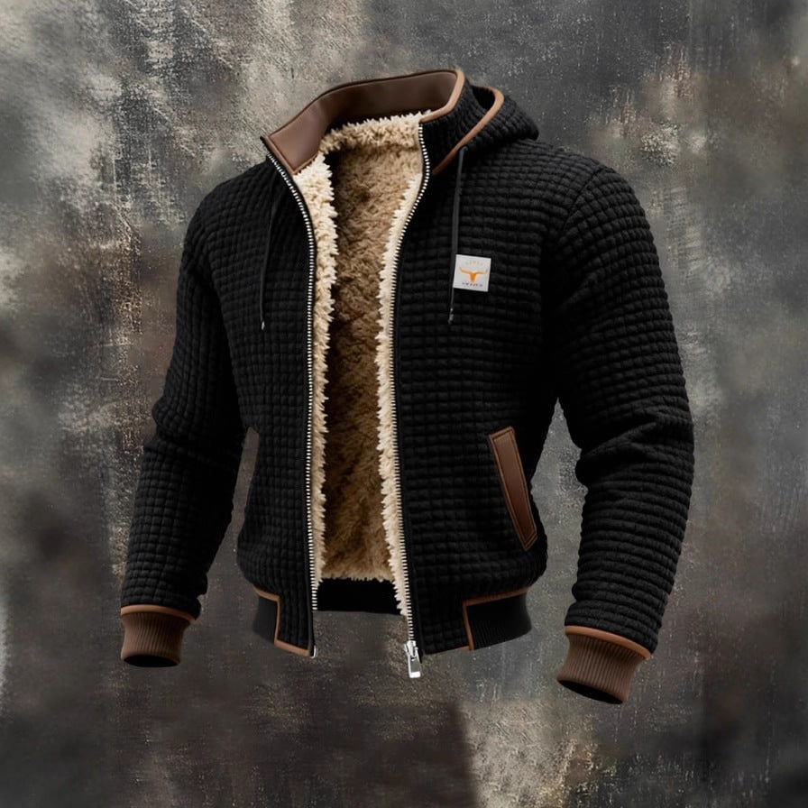 Men's Fleece-Lined Hooded Jacket Winter Thickened Warm Digital Print Zipper Coat