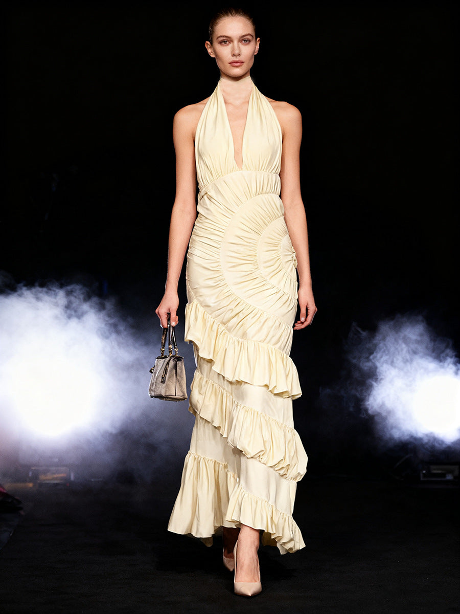 Apricot Halter Neck Backless Long Dress Women Pleated Ruffle Fishtail Evening Gown