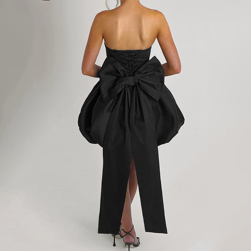 Bow-Tie Strapless Evening Dress with Slit