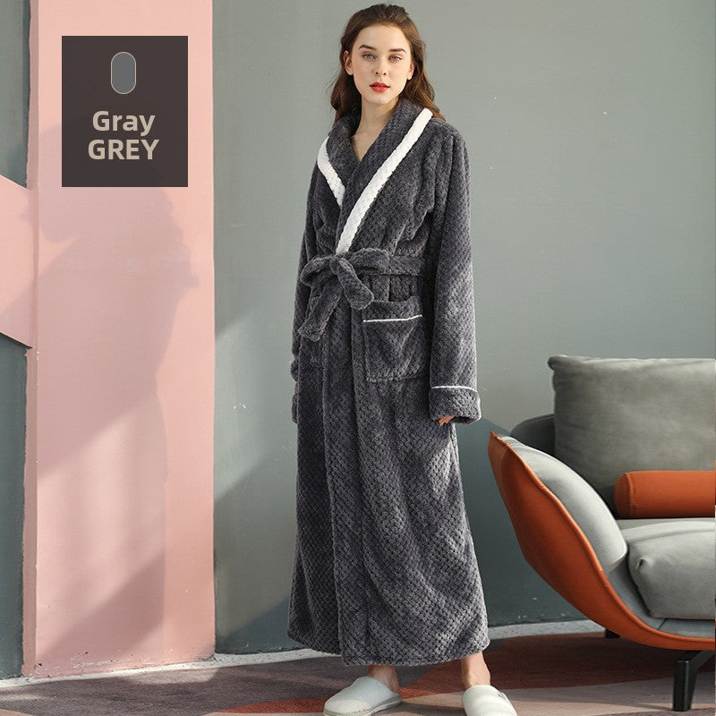 Long Thick Flannel Couple Bathrobe with Lapel Collar