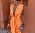 Satin V-neck Pleated Sleeveless Dress