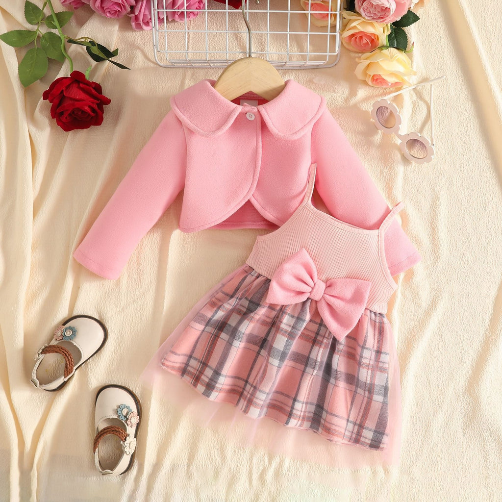 Baby Woolen Lapel Coat and Mesh Dress Set