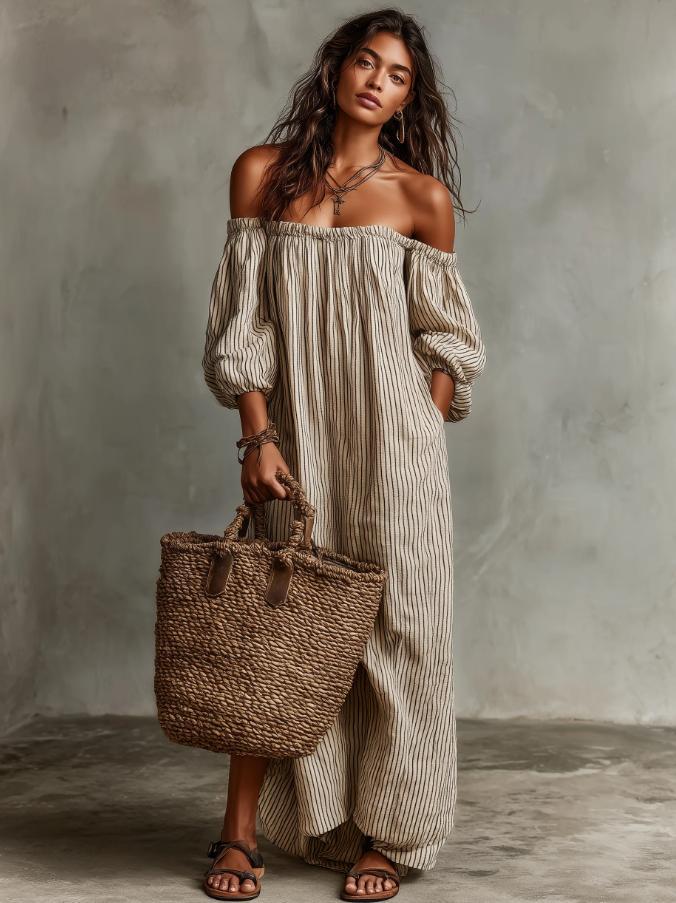 Elegant Casual Loose One-Line Neckline Striped Dress