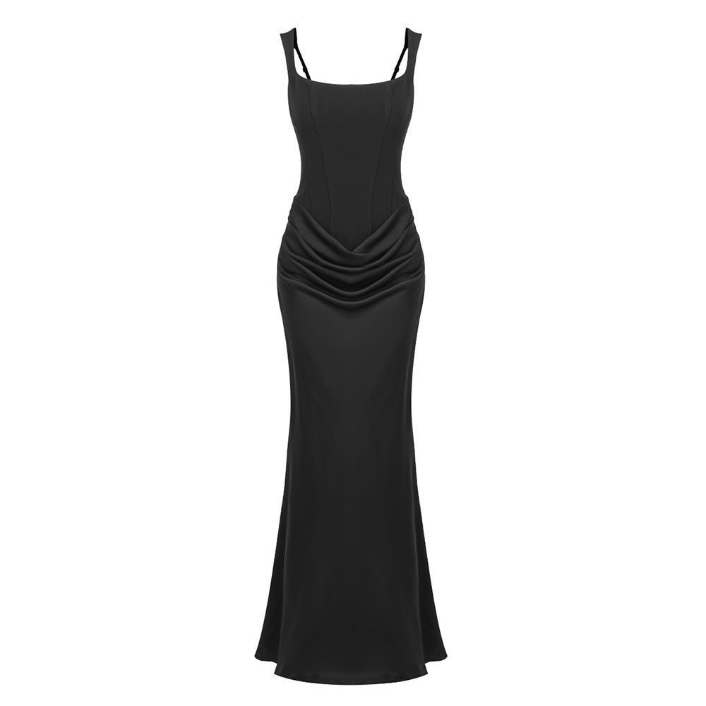 Women?s Drawstring Design Pleated A-Line Sleeveless Long Dress