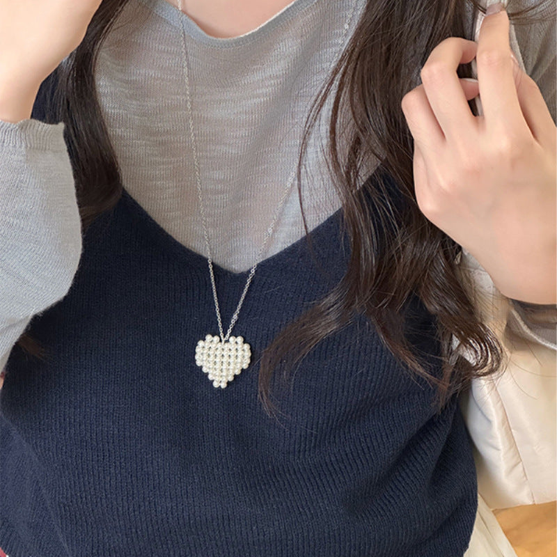 Silver Pearl Heart Long Necklace