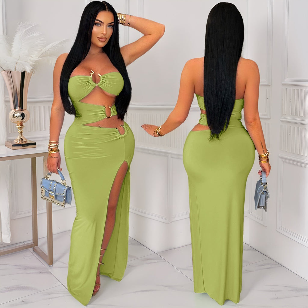 Hollow Metal Ring Bodycon Long Dress