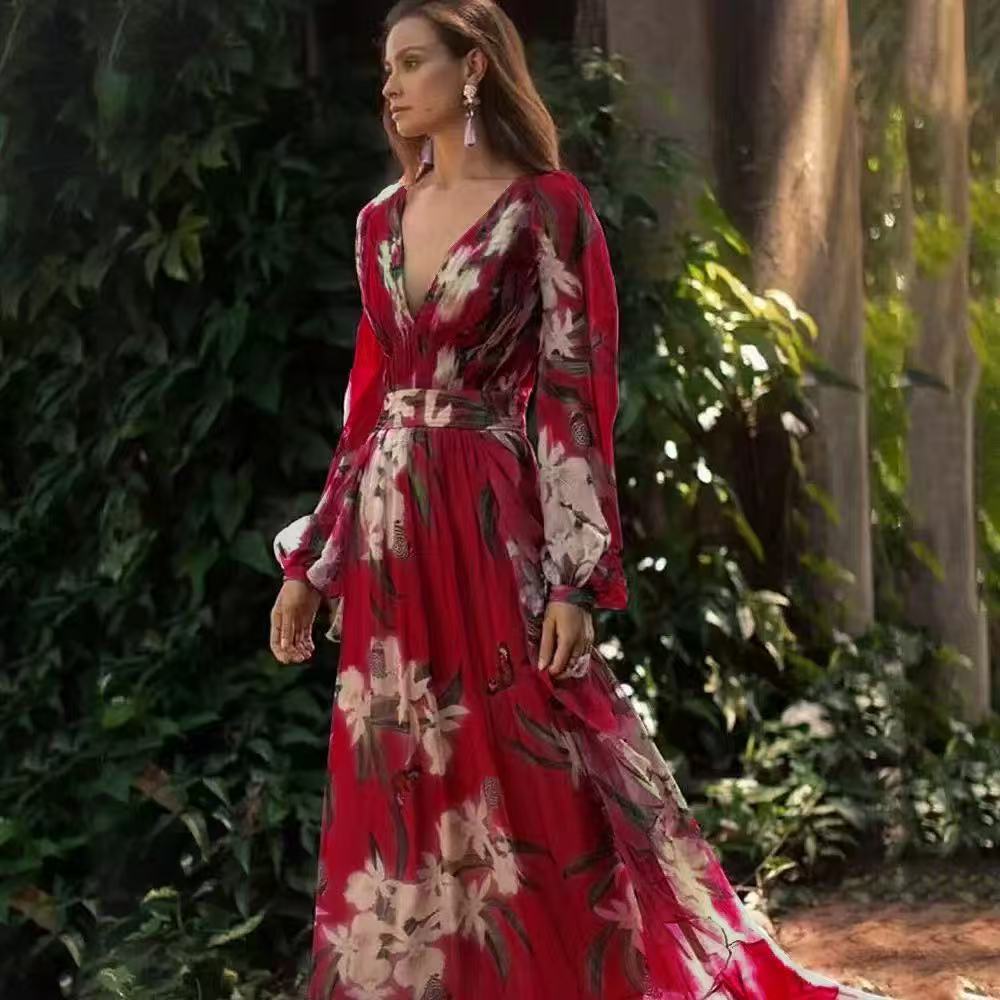 Womens V-Neck Long Sleeve Printed Dress