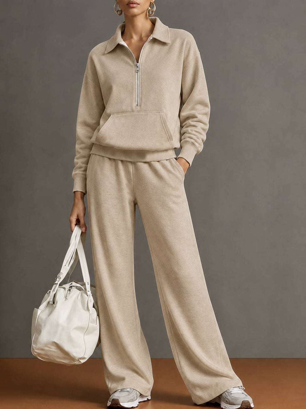 Women Two-Piece Half-Zip Sweatshirt and Wide-Leg Pants Set