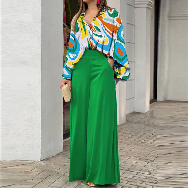Floral Print Shirt and Wide-Leg Pants Set