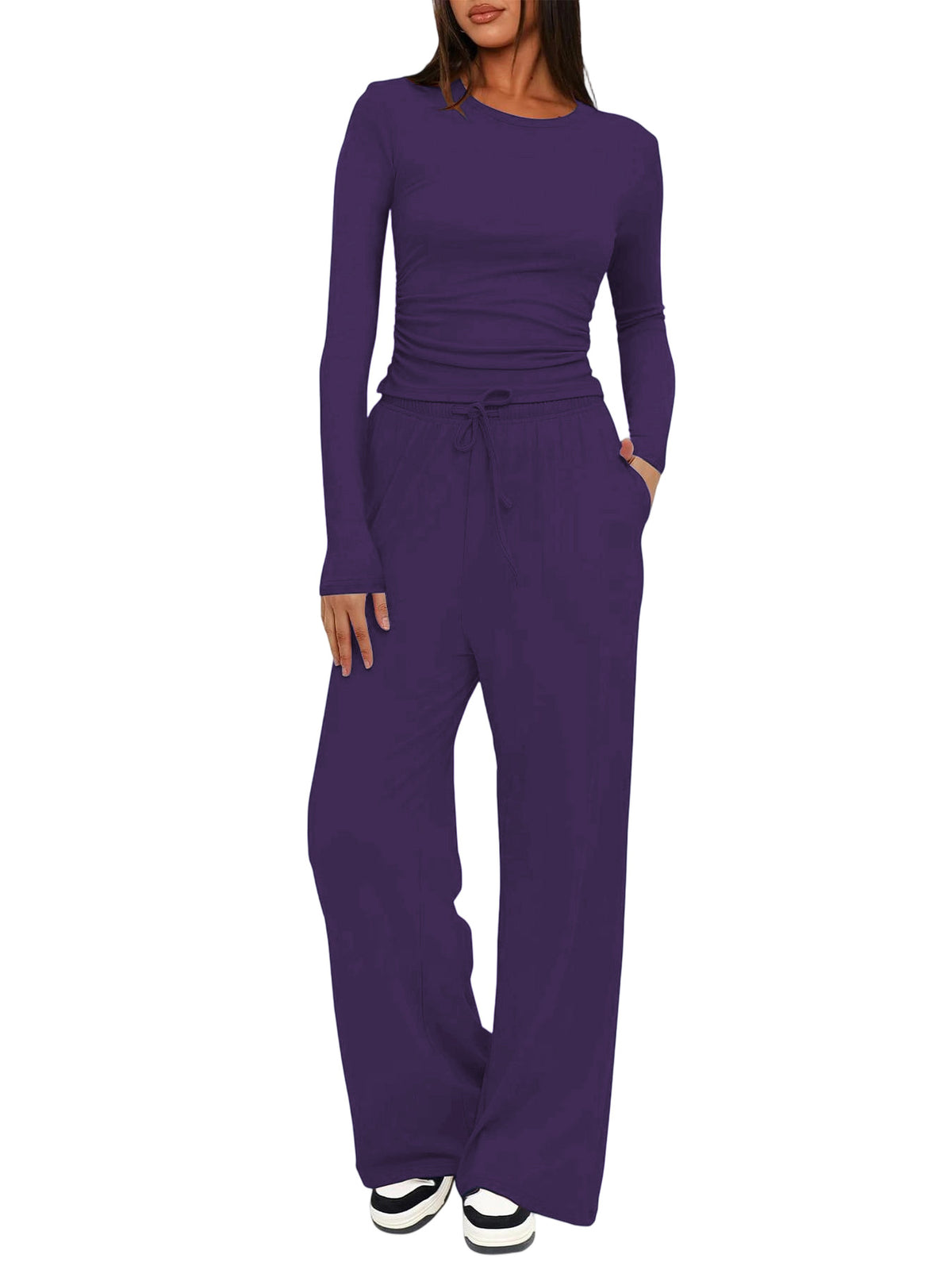 Solid Color Long Sleeve Top and High Waisted Wide Leg Pants Sportswear Set