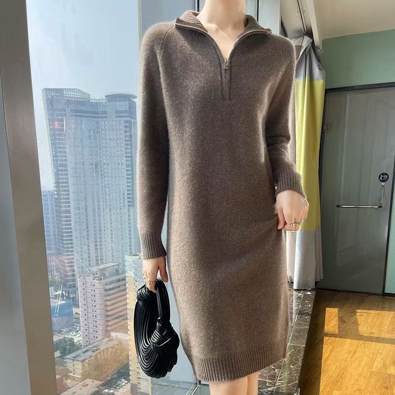 Mid-Length Knitted Dress with Stand Collar