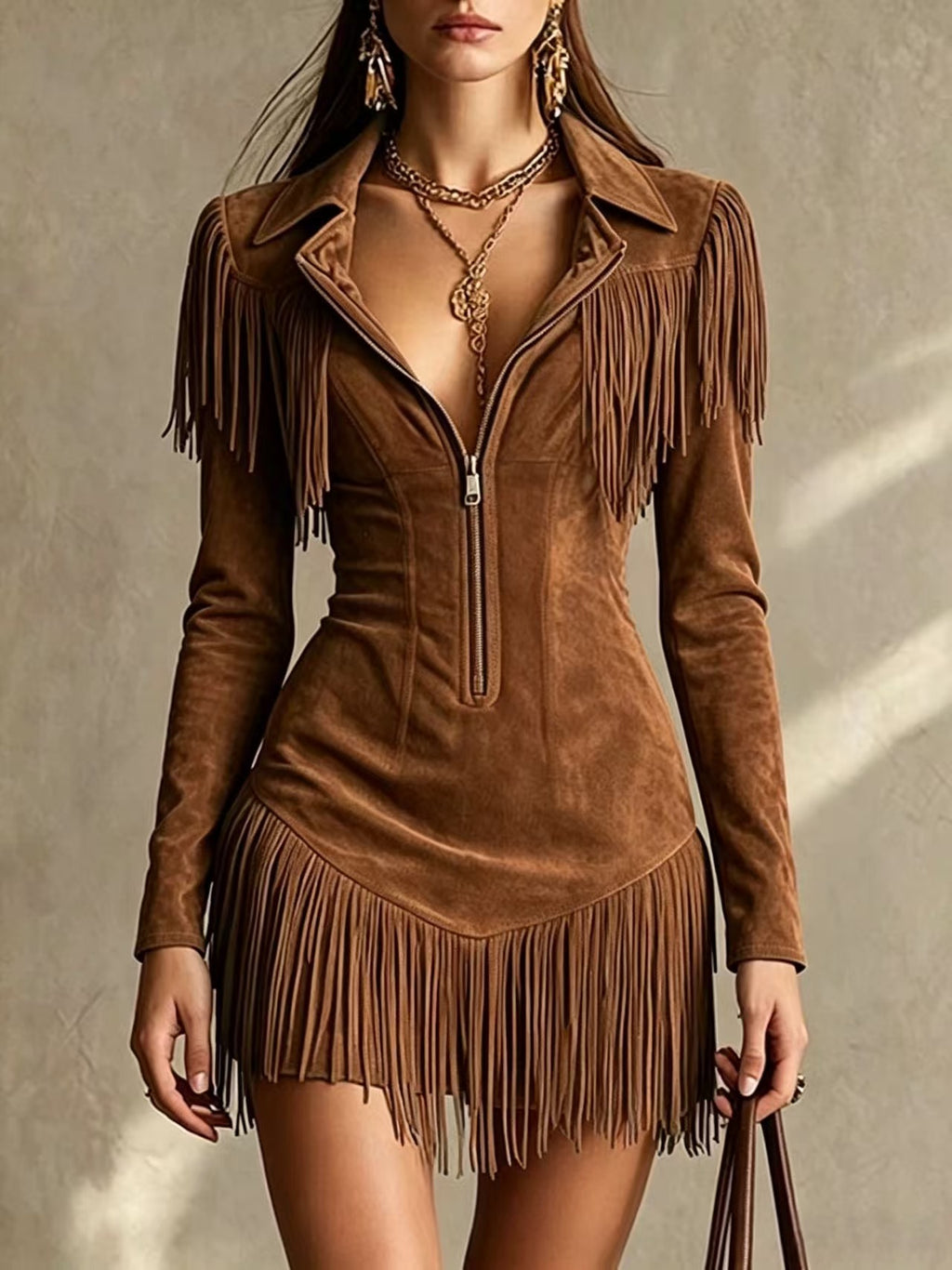 Retro Suede Tassel Long Sleeve Dress