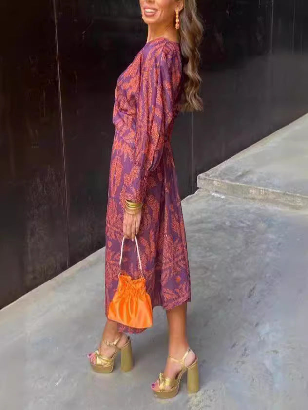 Women's Autumn 3D Printed V-Neck A-Line Mid-Length Dress