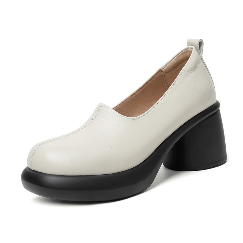 Women Leather High Heel Shoes Thick Heel Waterproof Platform British Style